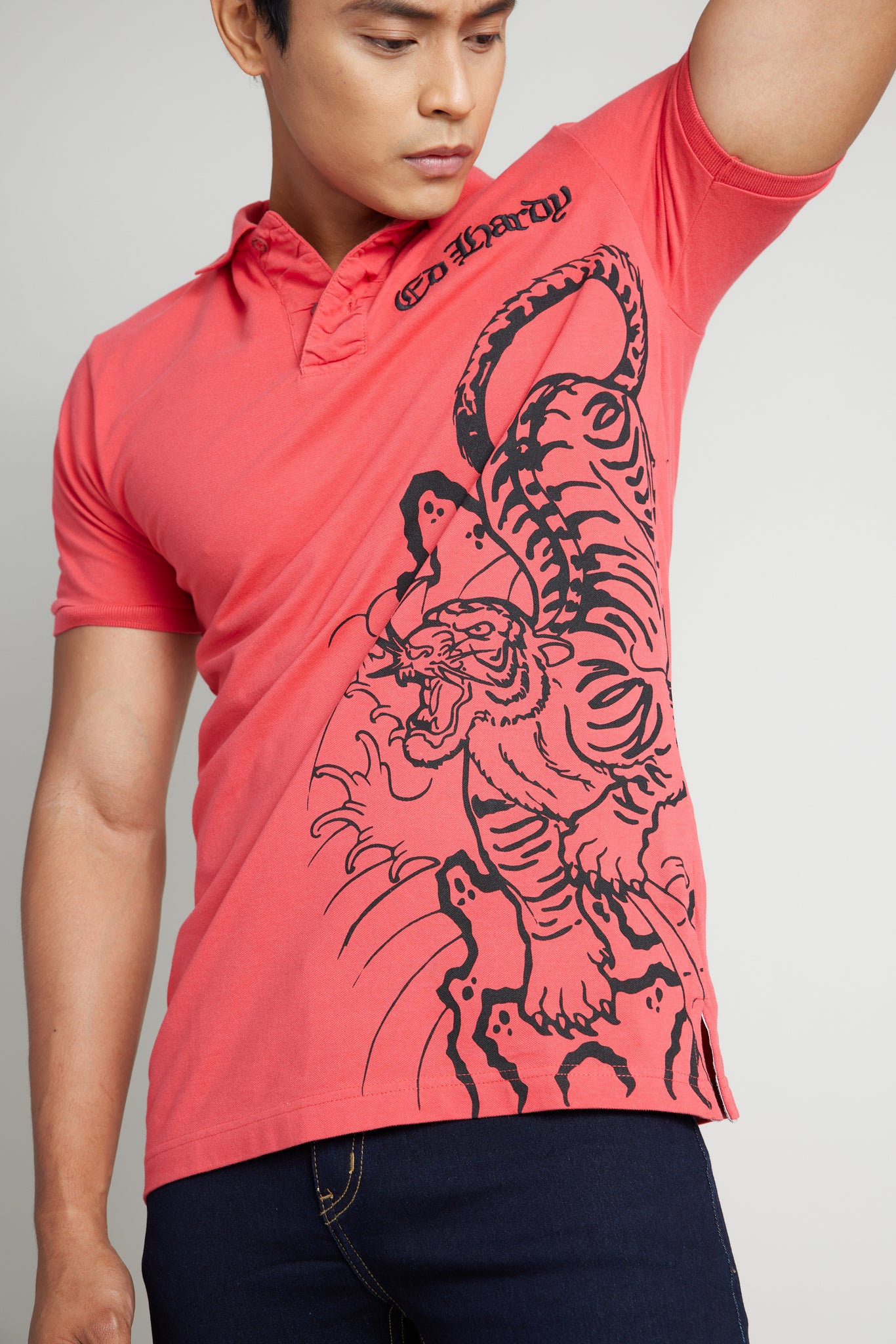 Red Polo Shirt w/ Discharge Print