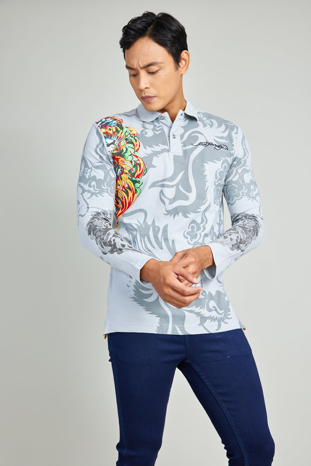 Gray Dragon Long Sleeve Polo Shirt