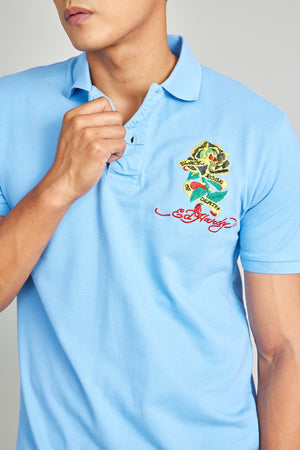 Light Blue Black Rose of Death Embroidery Polo Shirt