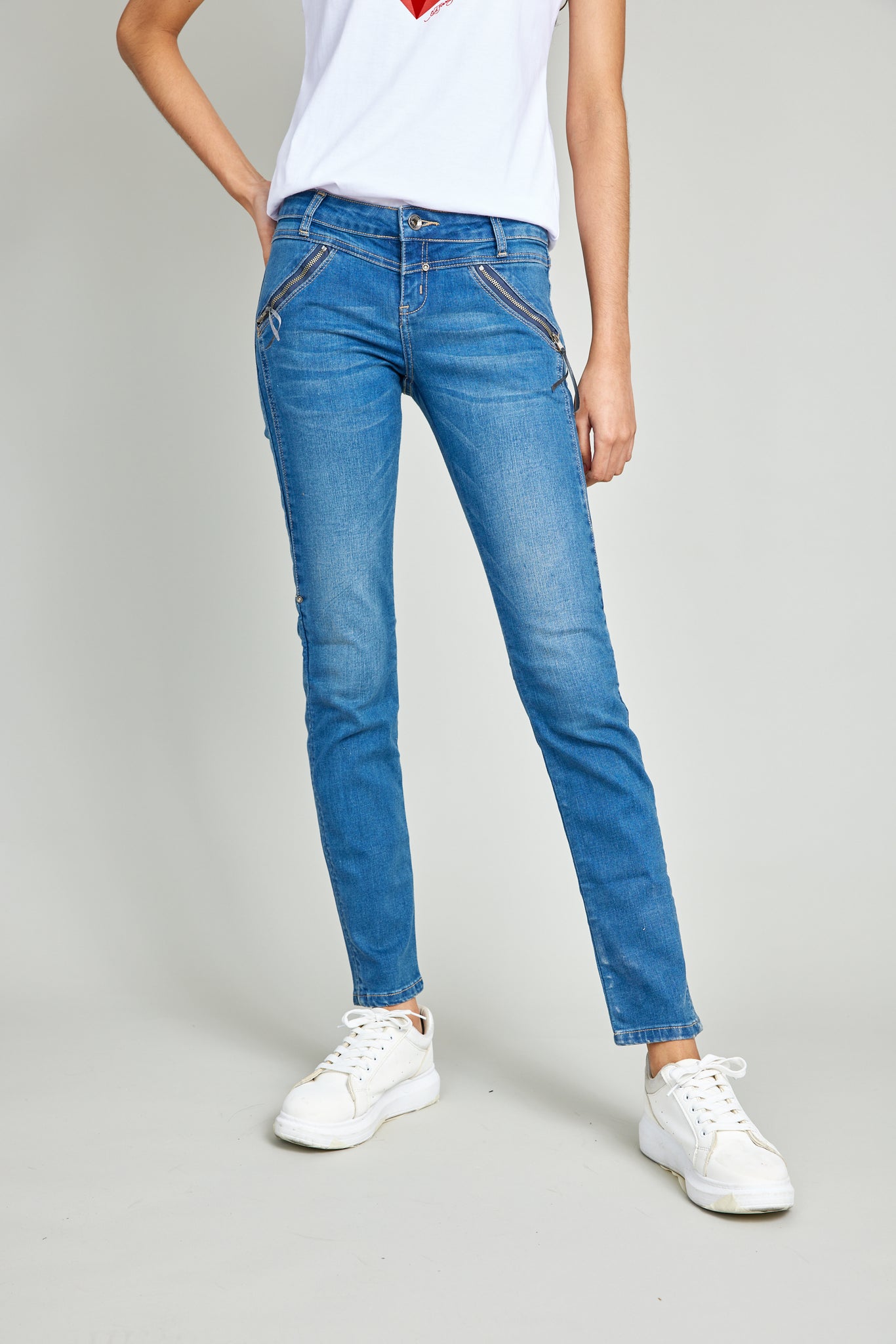 Mid Blue Zip Trim Slim Leg Jeans