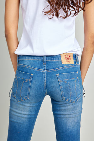 Mid Blue Zip Trim Slim Leg Jeans