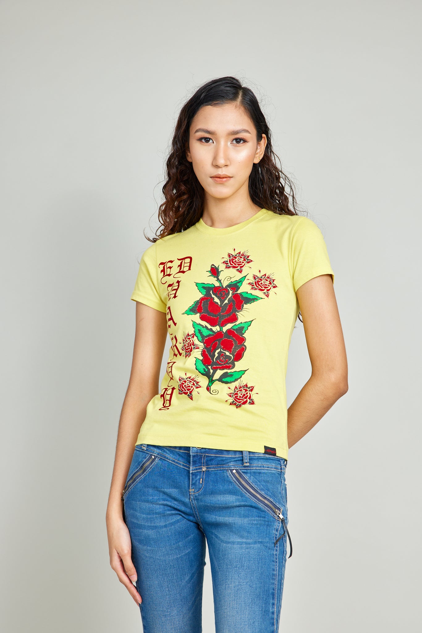 Yellow Round Neck Tee w/ Red Foil And Discharge Print