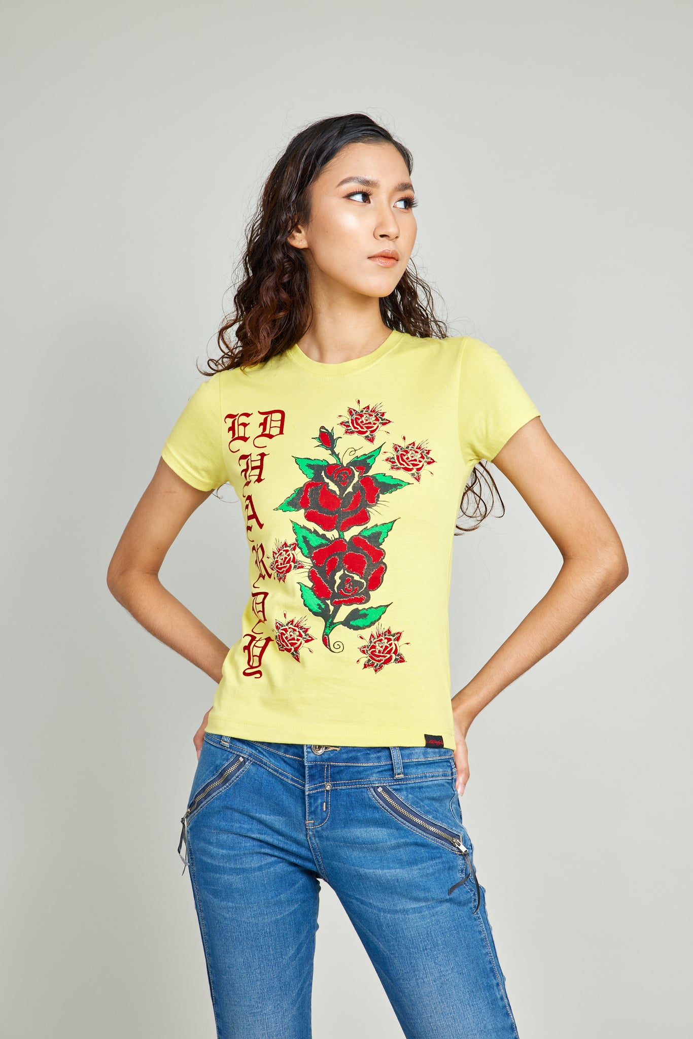 Yellow Round Neck Tee w/ Red Foil And Discharge Print