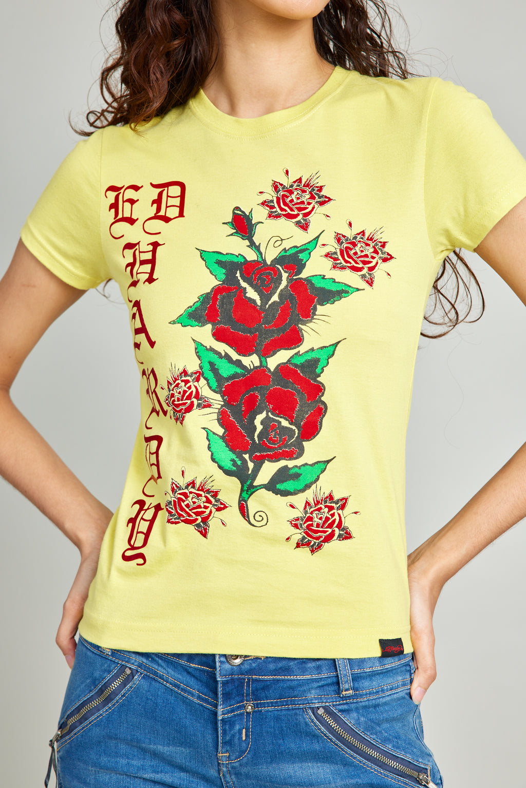 Yellow Round Neck Tee w/ Red Foil And Discharge Print