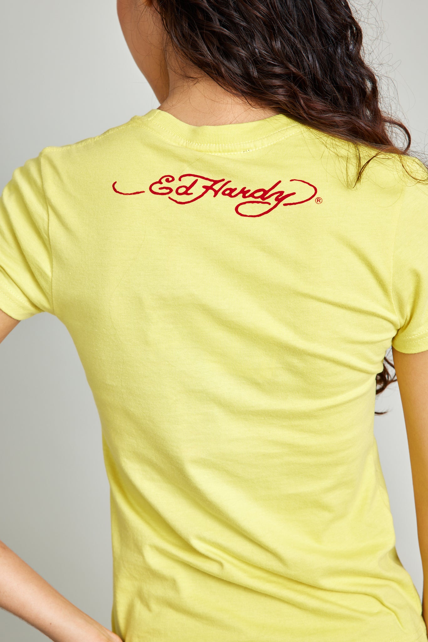 Yellow Round Neck Tee w/ Red Foil And Discharge Print