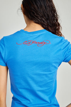 Blue Round Neck Tee w/ Discharge Print & Rhinestones