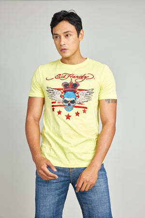 Yellow Round Neck Tee w/ Sublimation Print & Rhinestones