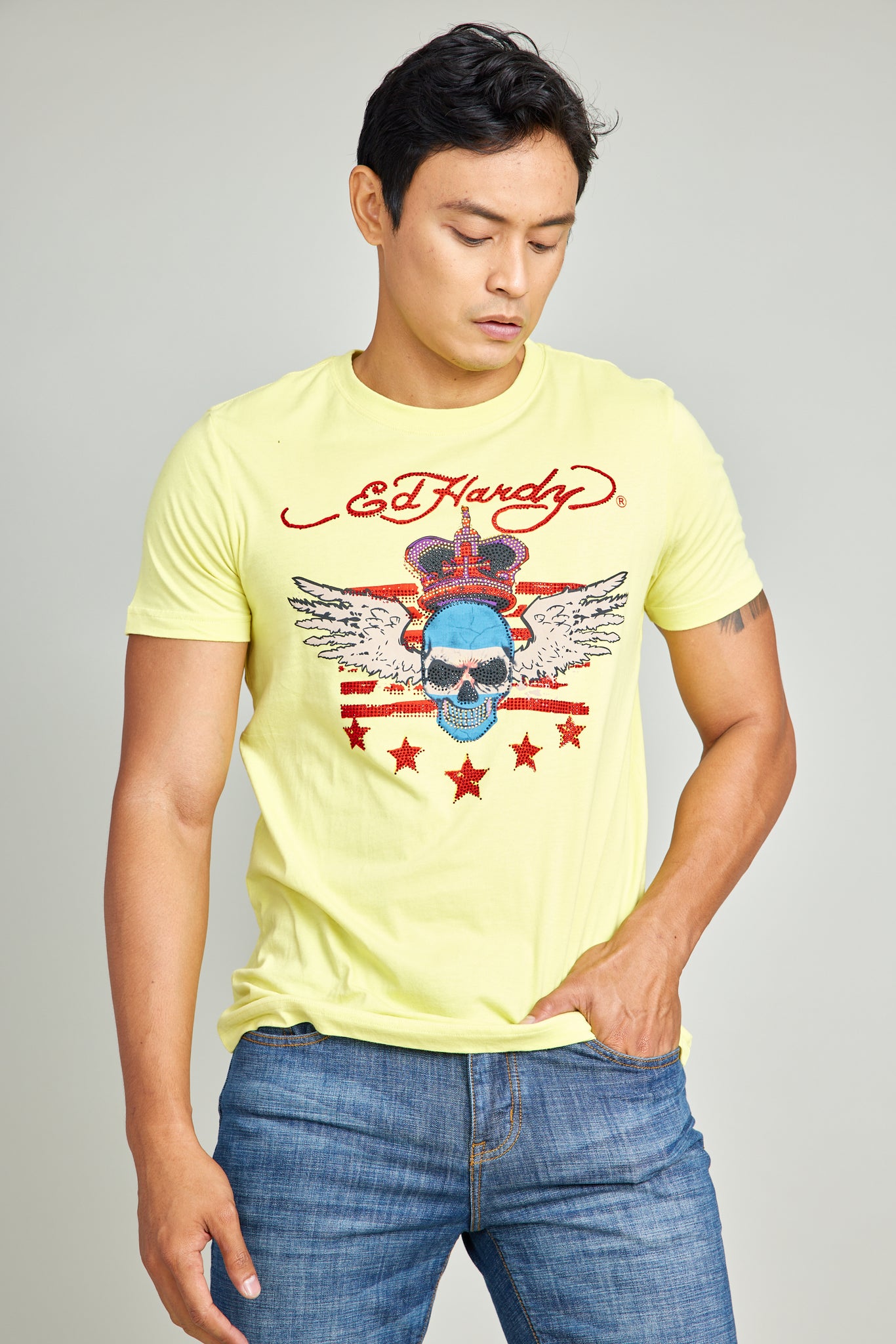 Yellow Round Neck Tee w/ Sublimation Print & Rhinestones