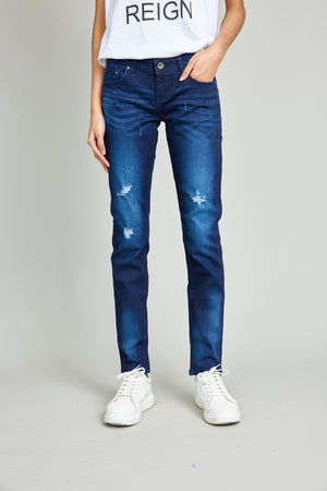 Heavily Destructed Dark Wash Blue Jeans