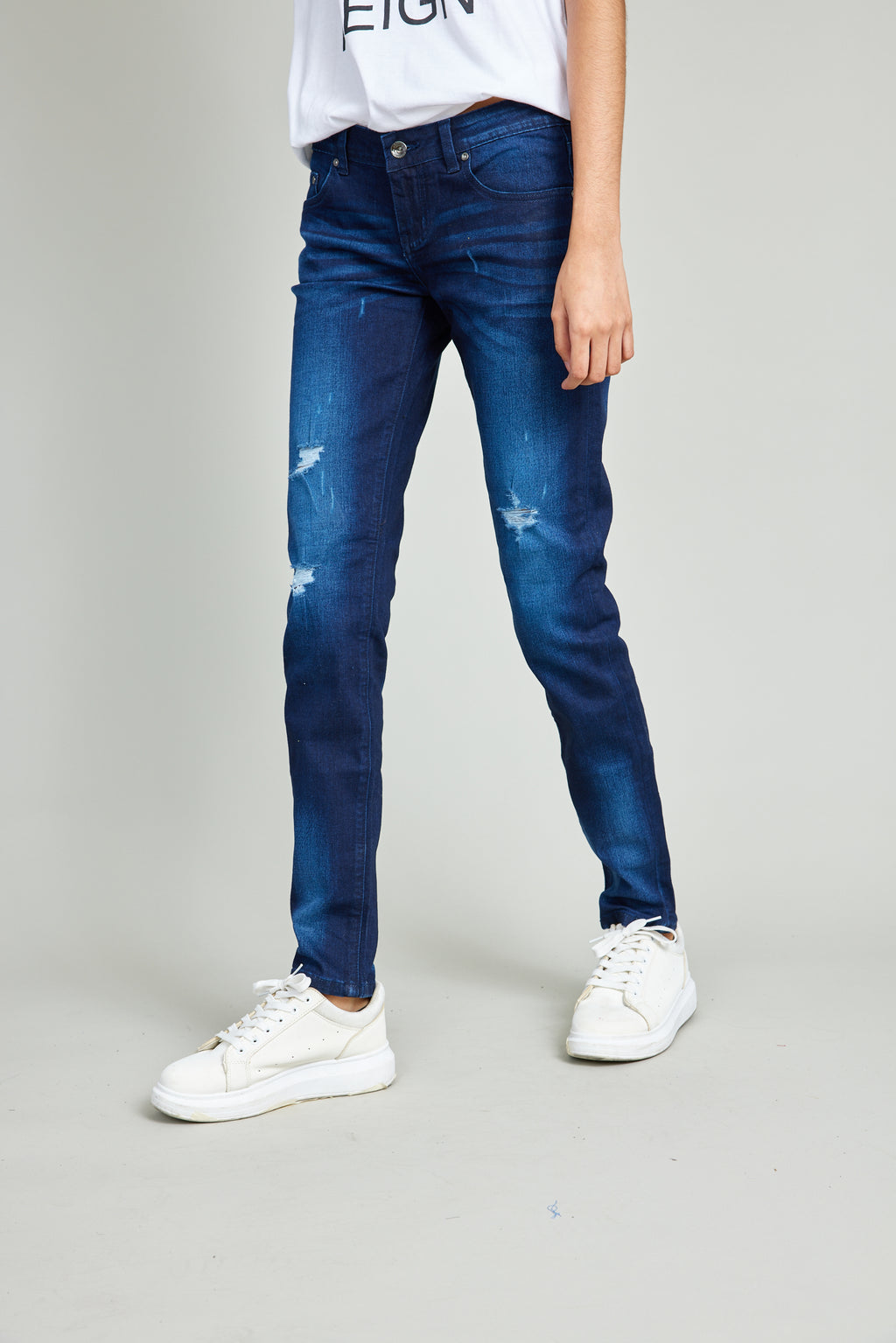 Heavily Destructed Dark Wash Blue Jeans