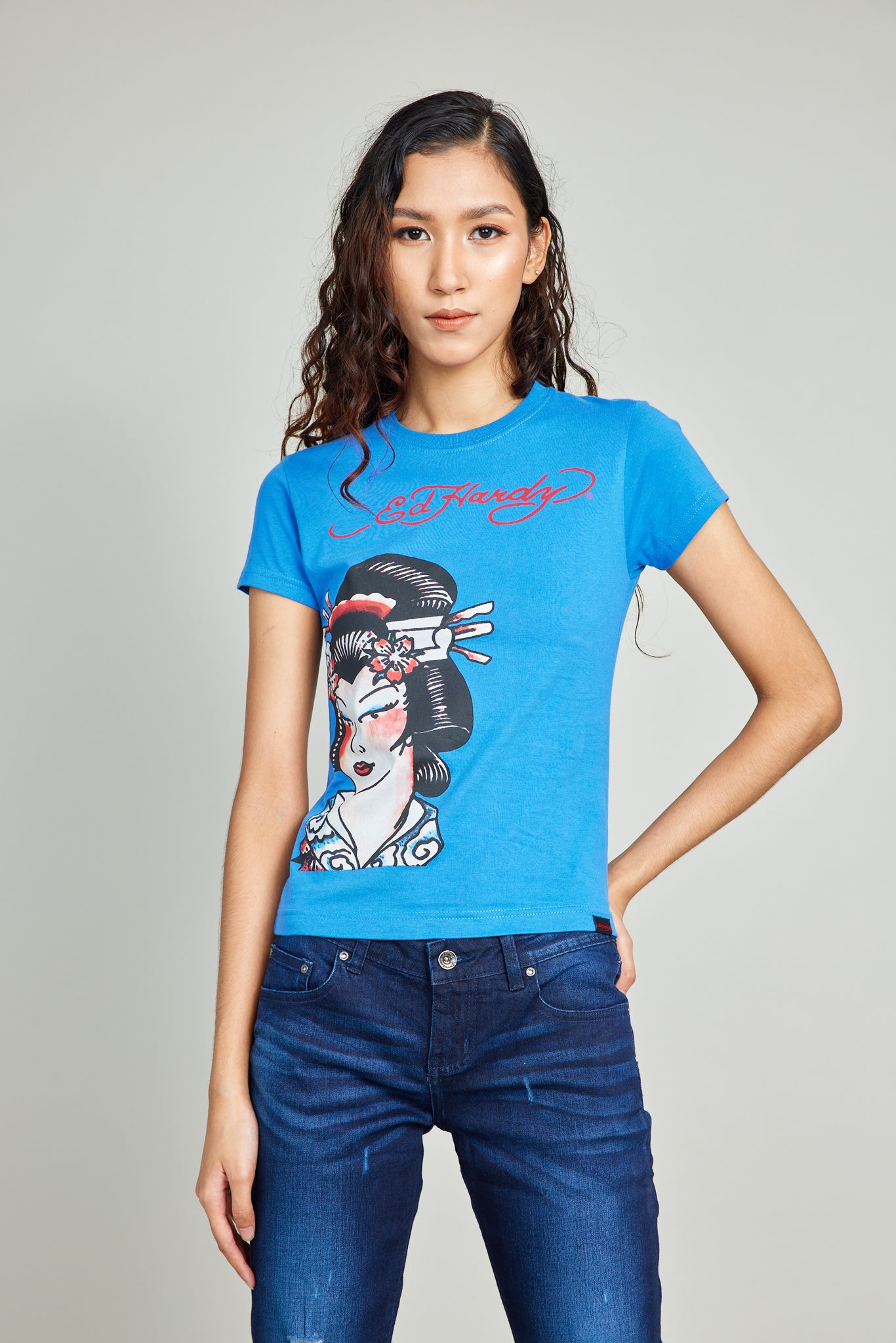 Blue Round Neck Tee Geisha Print Tee