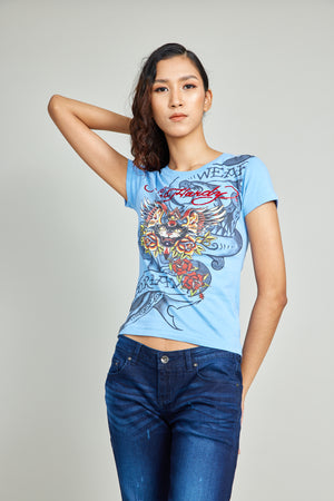 Light Blue Round Neck Tee Photographic Print Tee