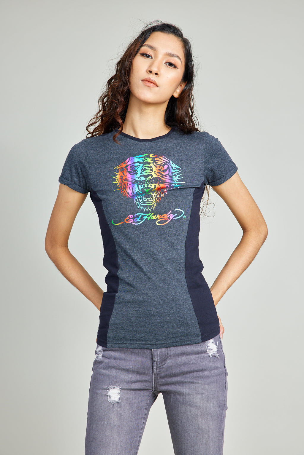 Long line Round Neck Tee w/ Rainbow Foil And Discharge Print