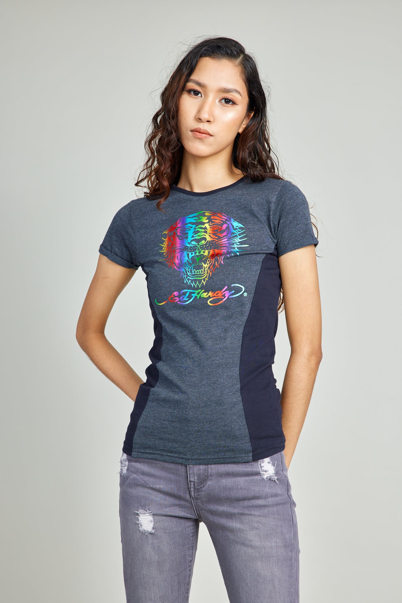 Long line Round Neck Tee w/ Rainbow Foil And Discharge Print