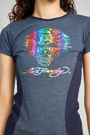 Long line Round Neck Tee w/ Rainbow Foil And Discharge Print