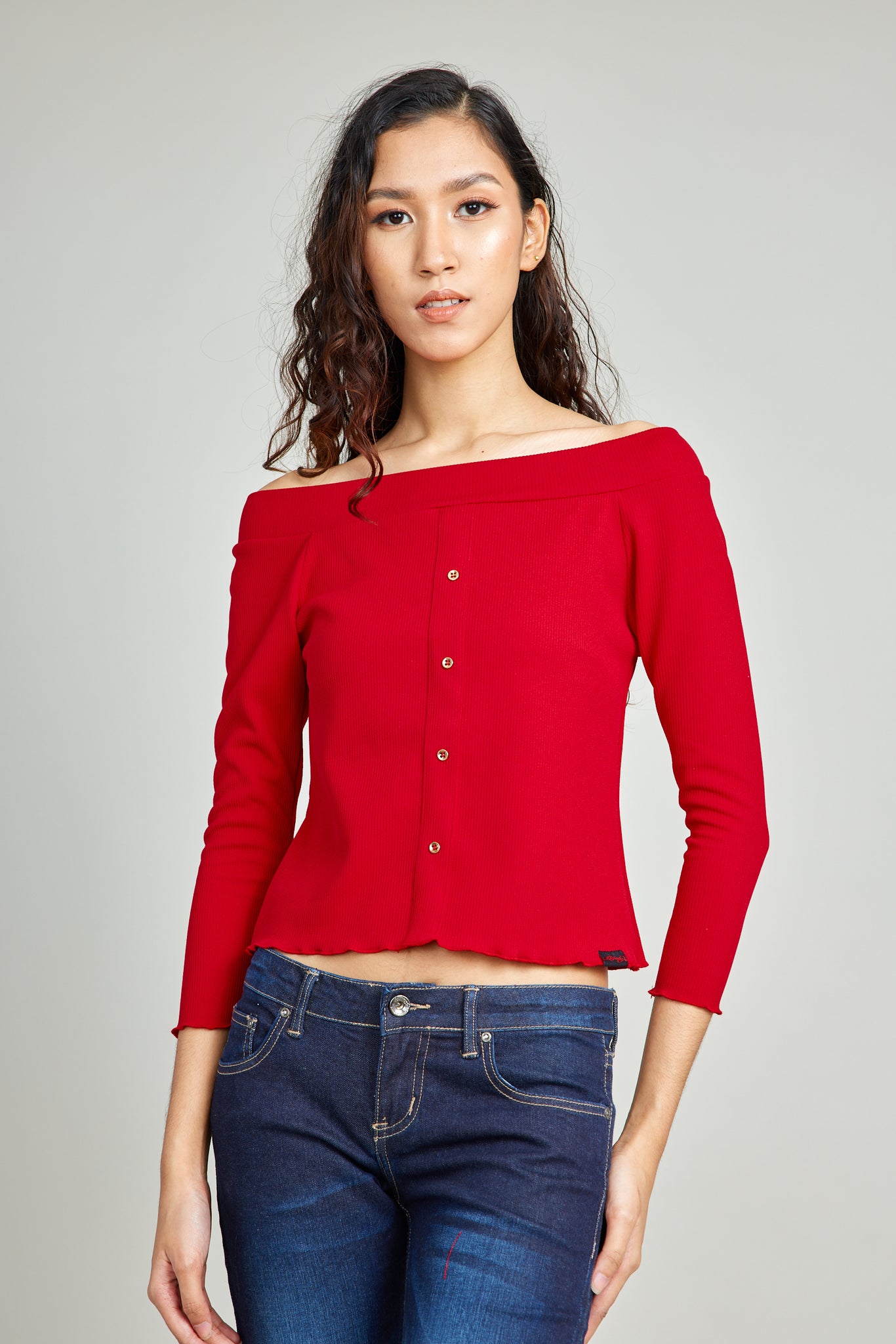 Red Cold Shoulder Knit Top