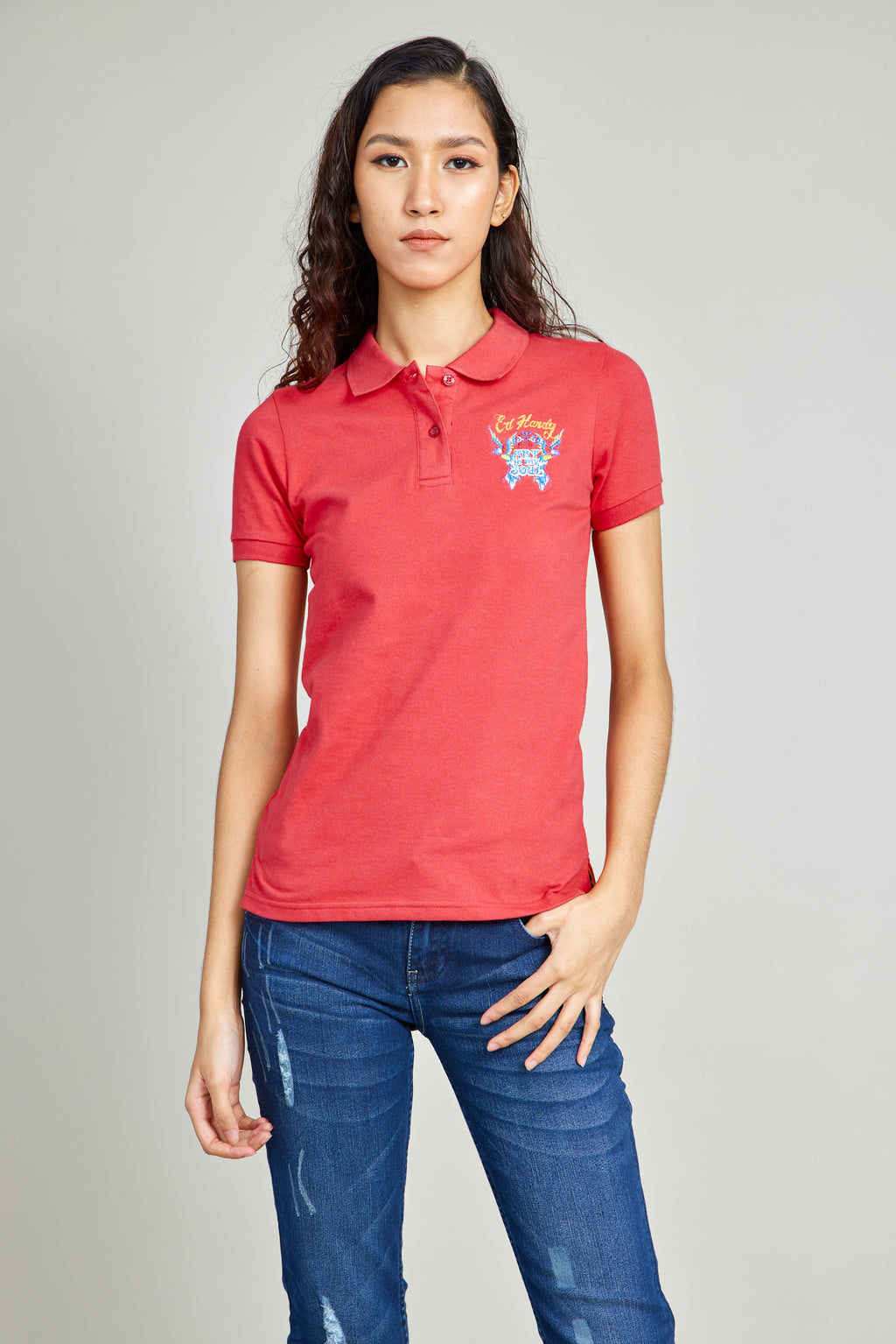 Red Basic Polo Shirt w/ Patch Embroidery