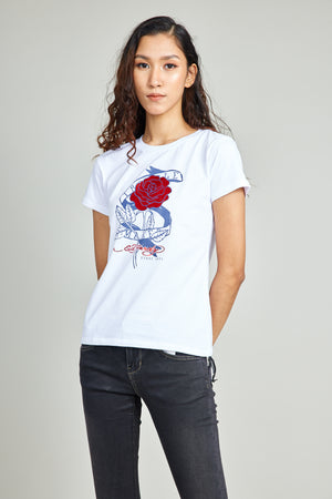 White Round Neck Tee w/ Rose Print