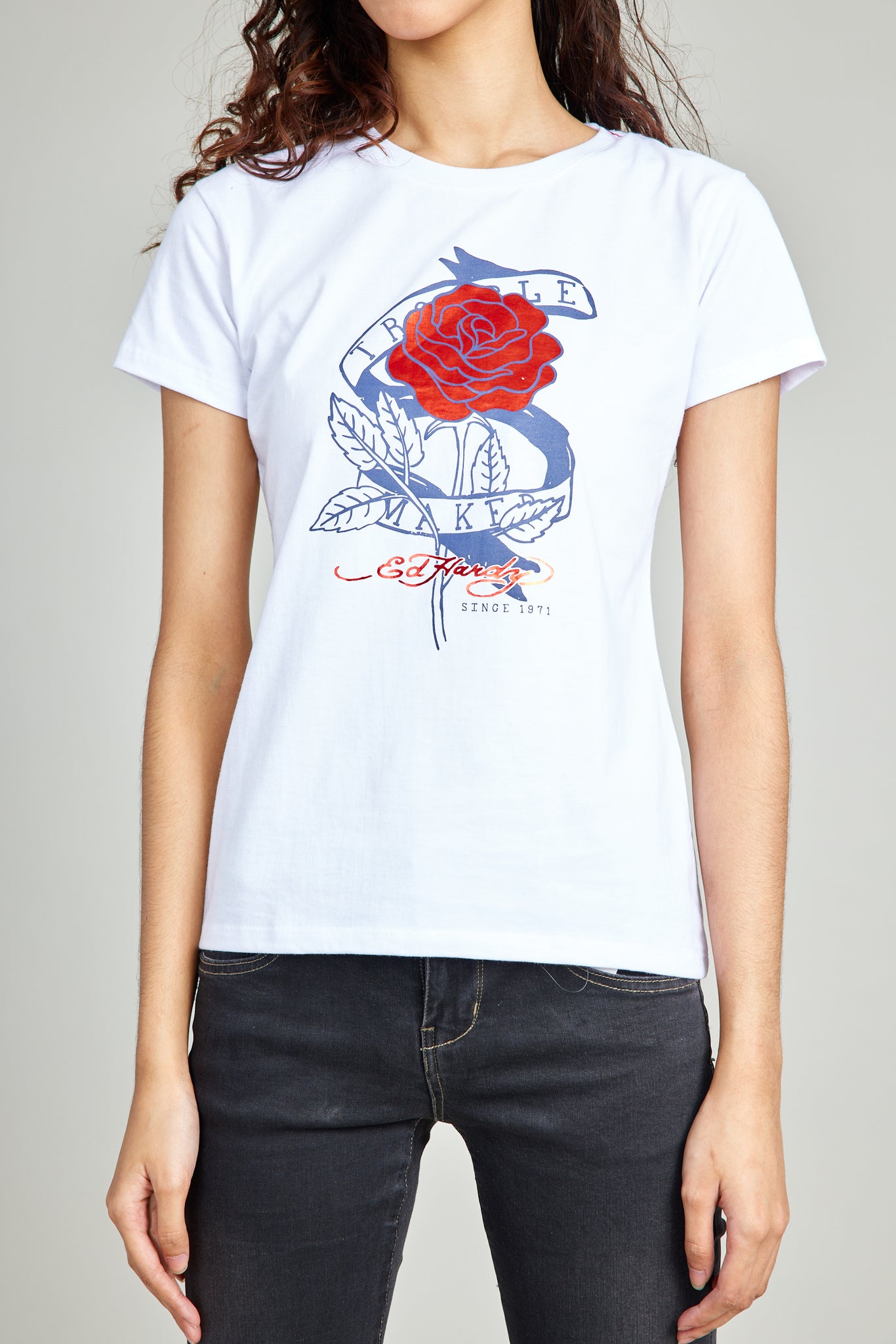 White Round Neck Tee w/ Rose Print