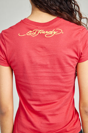 Red Round Neck Tee w/ Discharge Print