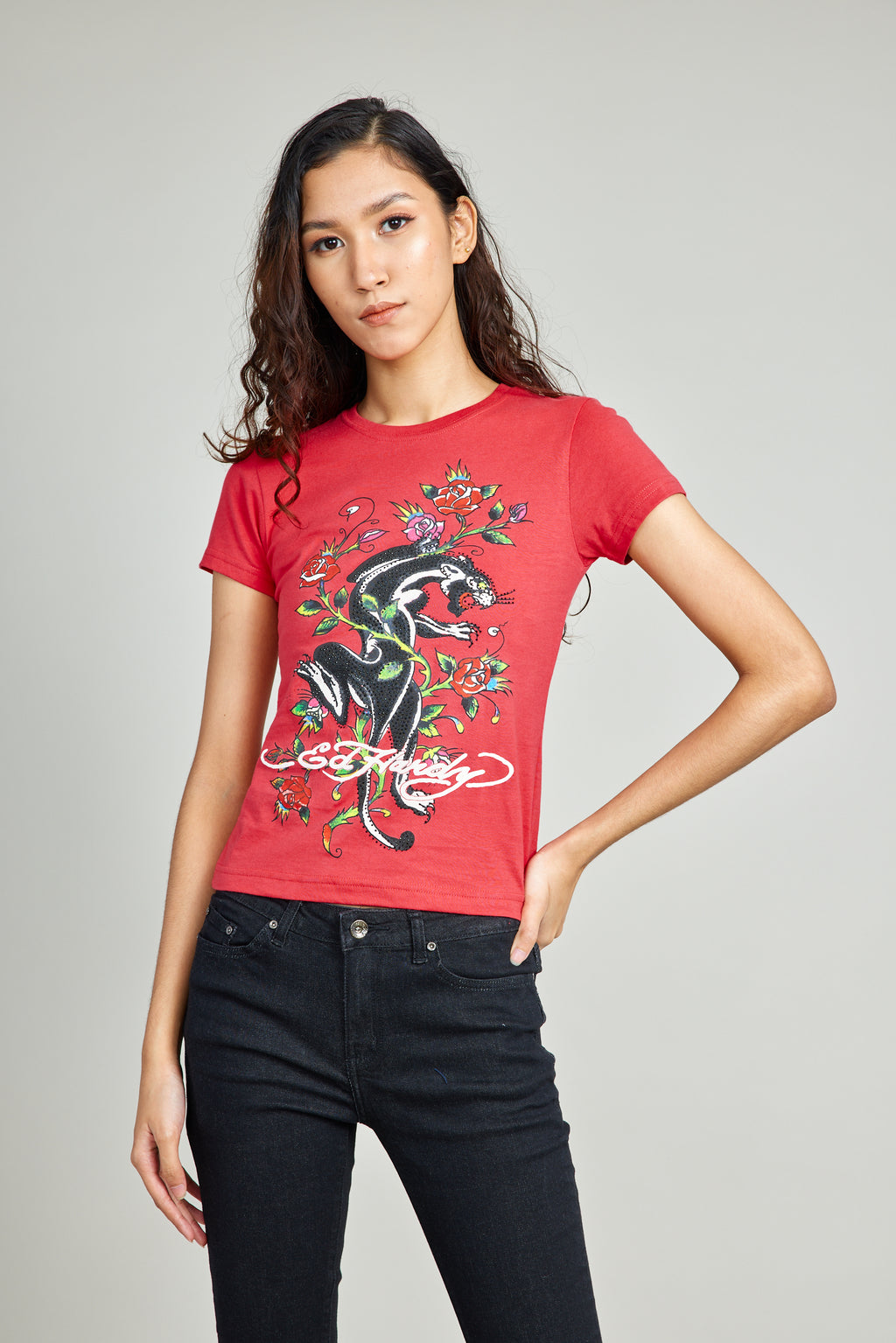 Red Round Neck Tee w/ Discharge Print & Rhinestones