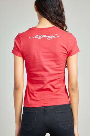 Red Round Neck Tee w/ Discharge Print & Rhinestones