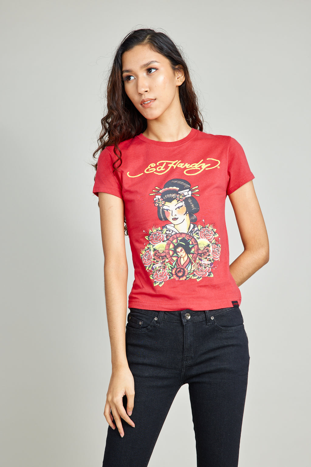 Red Round Neck Tee Geisha Discharge Print