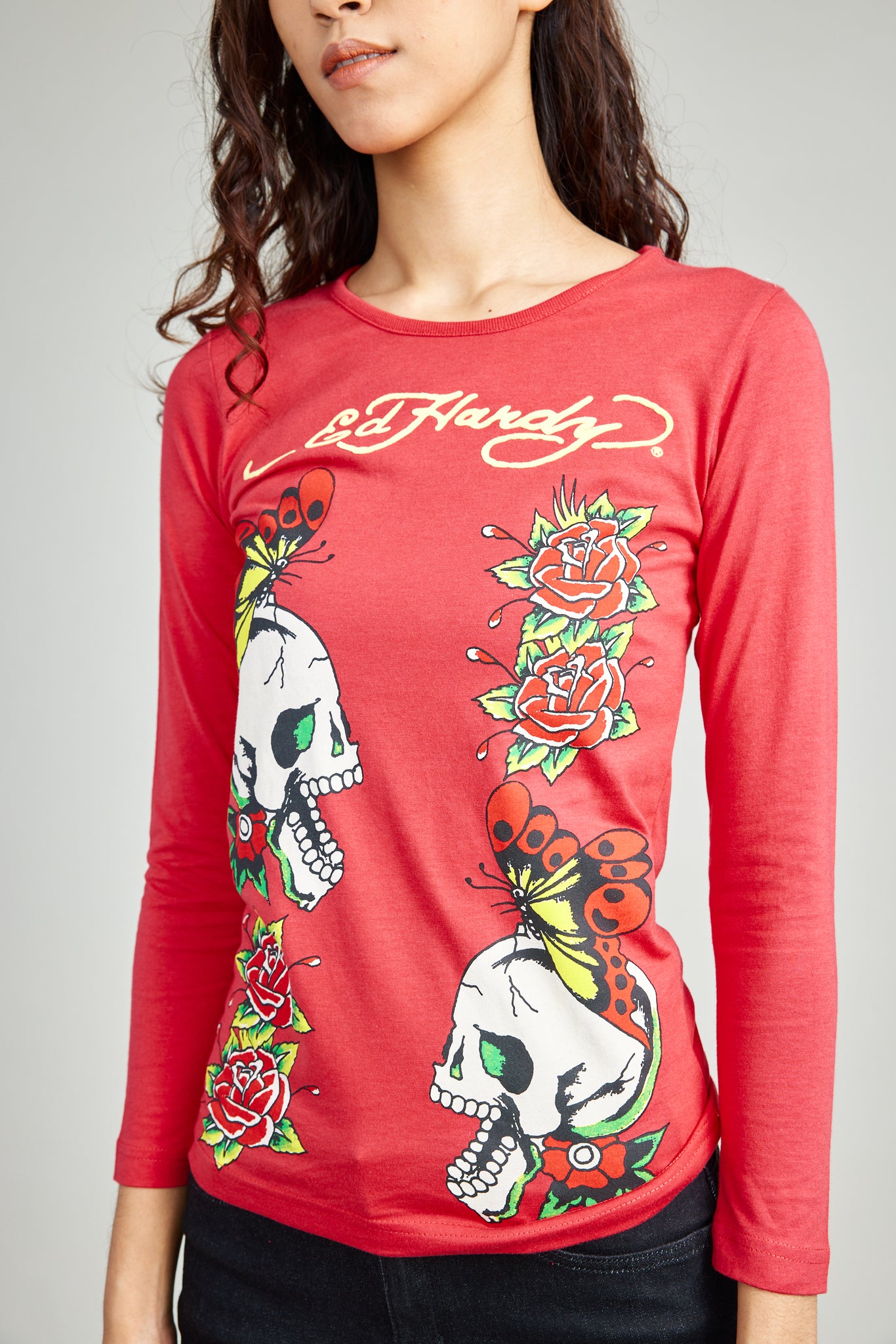 Red Round Neck Tee w/ Flocking And Discharge Print