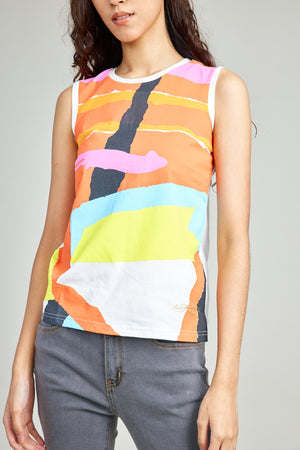 White Abstract Sleeveless Loose Top