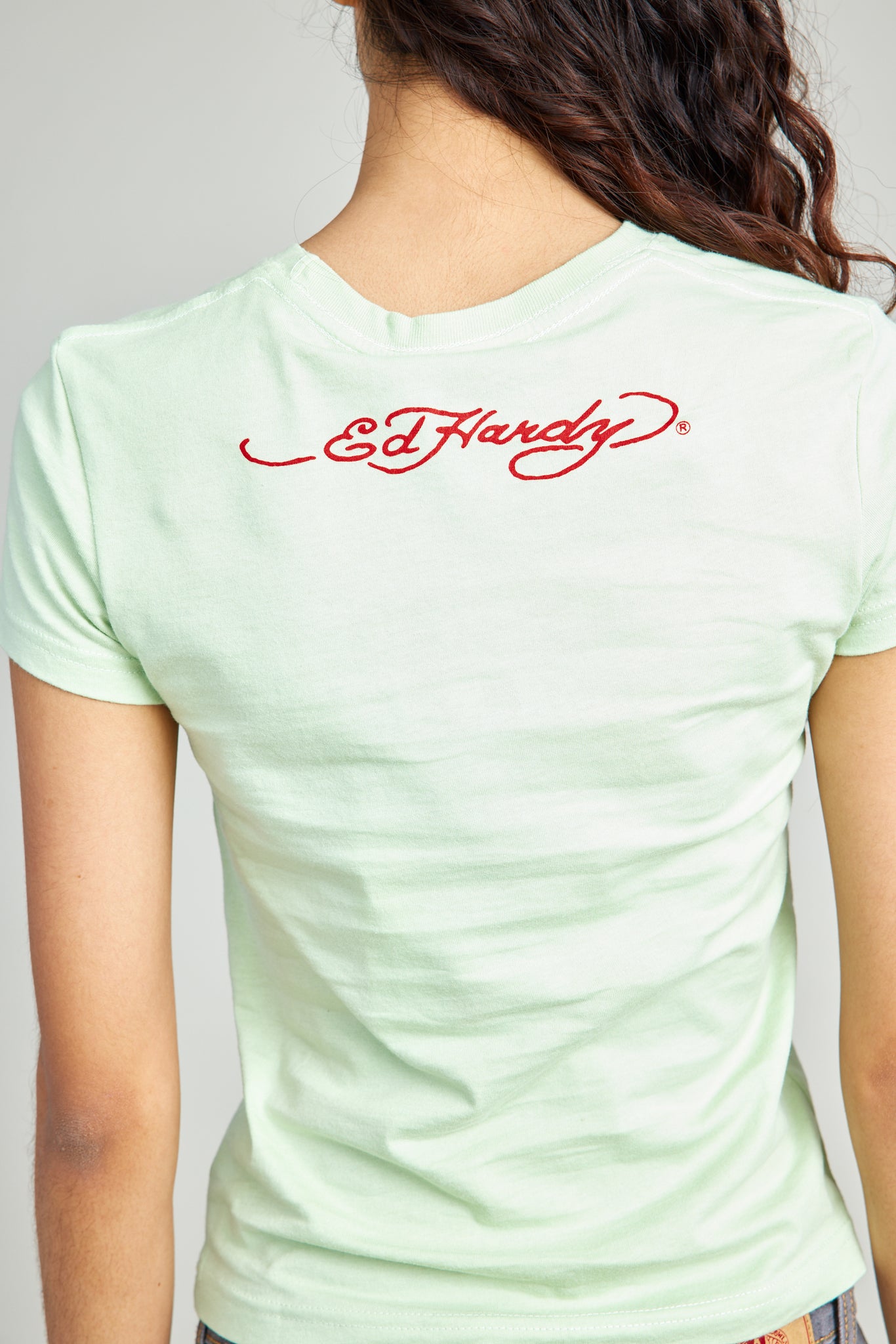 Green Round Neck Tee w/ Discharge Print & Rhinestones